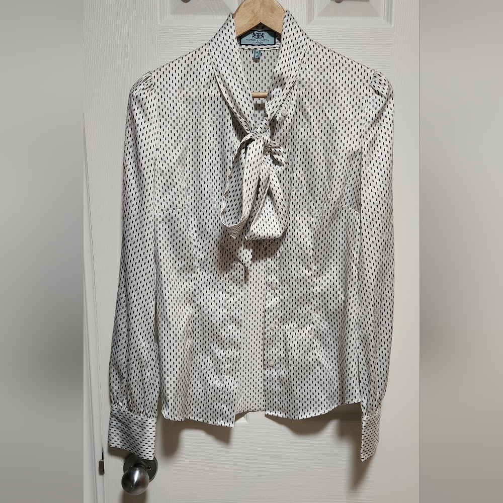 Hawes & Curtis Chic White With Black Polka Dots Blouse with Bow Tie US Size 6
